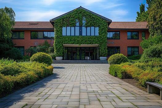 Ivy-covered building, sunny campus, paved path photo