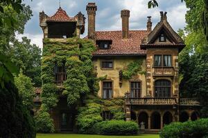 Ivy-covered mansion, garden, cloudy day, estate sale photo