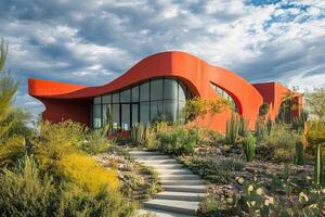 A large red building with a curved roof photo