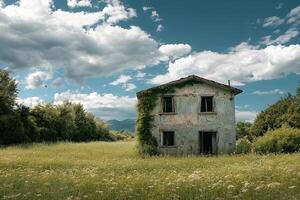 Abandoned house, field, vine, mountains, summer photo
