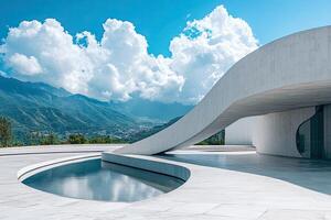 Modern building, mountain view, pool, sunny photo