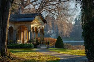 Lakeside Pavilion Autumn Sunset Landscape photo