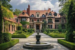 Mansion courtyard garden sunny day estate photo