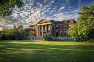 Brick building campus sunset lawn photo