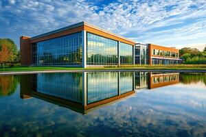 Modern office building reflecting in pond, autumn photo