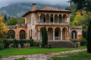 Autumnal mountain villa ruin, overgrown garden photo
