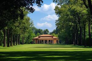 Park pavilion, summer day, green lawn, trees, tranquil scene photo