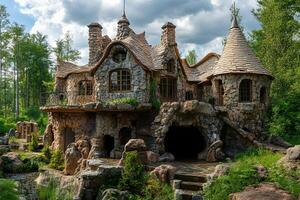 Stone fairytale house, forest, clouds, stairs photo
