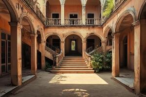 Ruined mansion courtyard, India, sunlight, decay photo