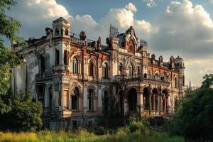 Ruined mansion sunset overgrown landscape photo