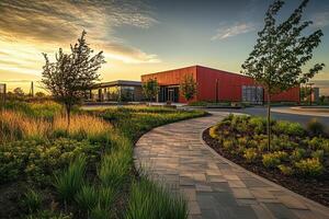 Sunrise path modern building park photo