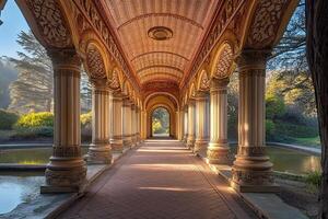 Sunlit Colonnade Path, Park, Dawn photo