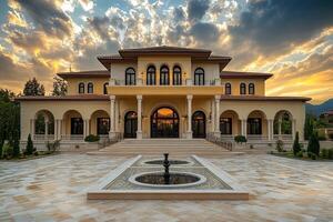 Sunset Mansion, Courtyard Fountain, Mountains photo
