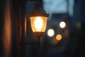 A glowing lantern illuminates a dimly lit alleyway. photo