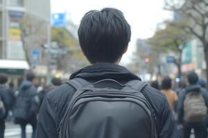 A person walking in a busy urban environment. photo