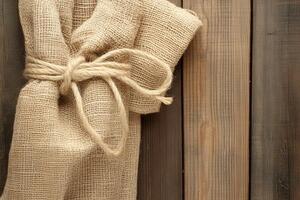 A burlap sack tied with twine against wooden background. photo