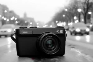 A camera positioned on a table with a blurred city background. photo