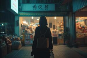 A silhouette of a person in front of a shop at night. photo