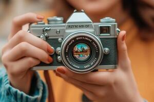 A person holding a vintage camera, capturing a scene. photo