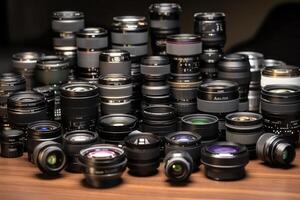A collection of various camera lenses arranged aesthetically. photo