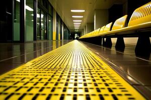 A corridor with yellow seating and textured floor. photo