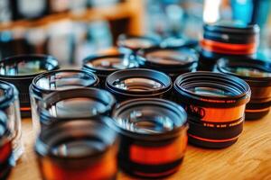 A collection of camera lenses on a wooden surface. photo