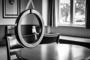 A circular wooden object hangs above a table in a room. photo