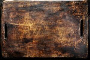 A rustic wooden cutting board with handles. photo