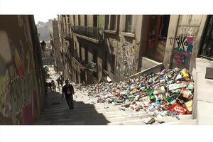 A cluttered urban staircase filled with garbage. photo