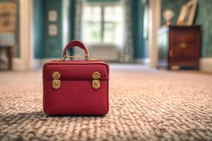 A small red suitcase placed on a carpeted floor. photo