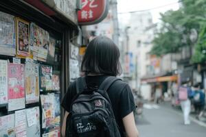 A person walking through a vibrant urban street scene. photo