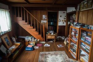 A cluttered room with a staircase and bookshelves. photo