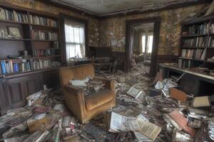 A cluttered, abandoned room filled with books and debris. photo