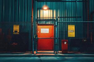 A red door behind a chain-link fence at night. photo
