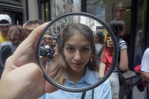 A person holding a mirror reflecting their face in a crowd. photo
