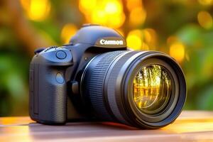 A DSLR camera resting on a table with a blurred background. photo