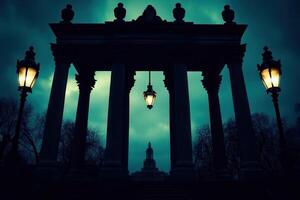 A dark, atmospheric view of a classical pavilion. photo