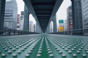 A perspective view of a bridge with urban surroundings. photo