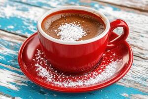 A red cup of coffee with powdered sugar on top. photo
