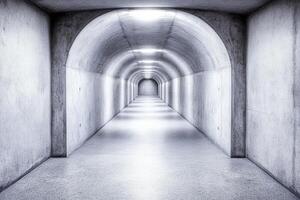A long, illuminated concrete tunnel with a minimalist design. photo