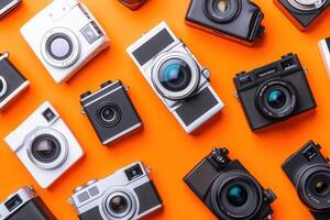 A collection of various cameras on an orange background. photo