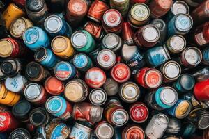 A collection of colorful, assorted beverage cans. photo