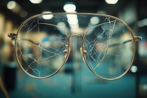 A close-up of cracked eyeglasses on display. photo