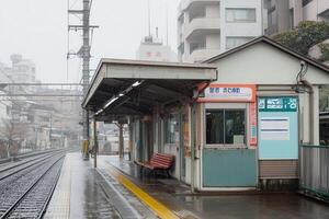 A quiet train station platform on a rainy day. photo