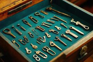 A collection of vintage metal tools in a drawer. photo