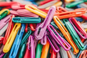 A colorful assortment of plastic paper clips. photo