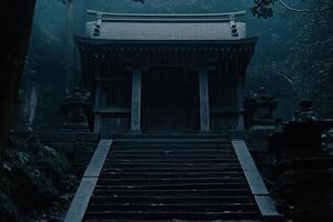 A serene temple entrance shrouded in misty atmosphere. photo