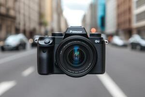 Camera positioned on a city street, showcasing urban life. photo
