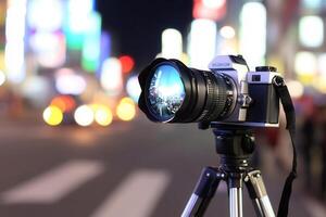 Camera on tripod capturing city lights at night. photo