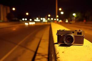 Camera on a ledge at night with blurred city lights. photo